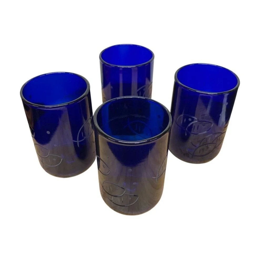 Rolf‎ Glass Blue Fish Twice Around 14 oz Recycled Glass Tumbler Set of 4 US Made